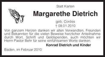 Traueranzeige von Margarethe Dietrich von KREISZEITUNG SYKE