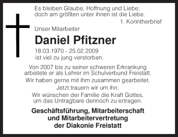 Traueranzeige von Daniel Pfitzner von KREISZEITUNG SYKE