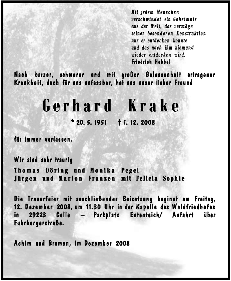  Traueranzeige für Gerhard Krake vom 10.12.2008 aus KREISZEITUNG SYKE