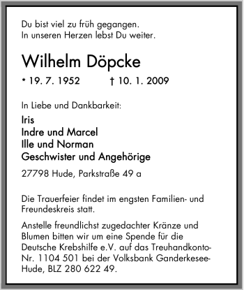 Traueranzeige von Wilhelm Döpcke 