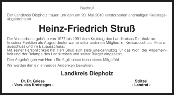 Traueranzeige von Heinz-Friedrich Struß von KREISZEITUNG SYKE