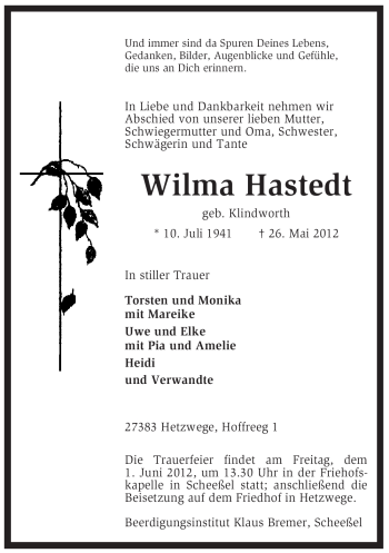 Traueranzeige von Wilma Hastedt von KREISZEITUNG SYKE