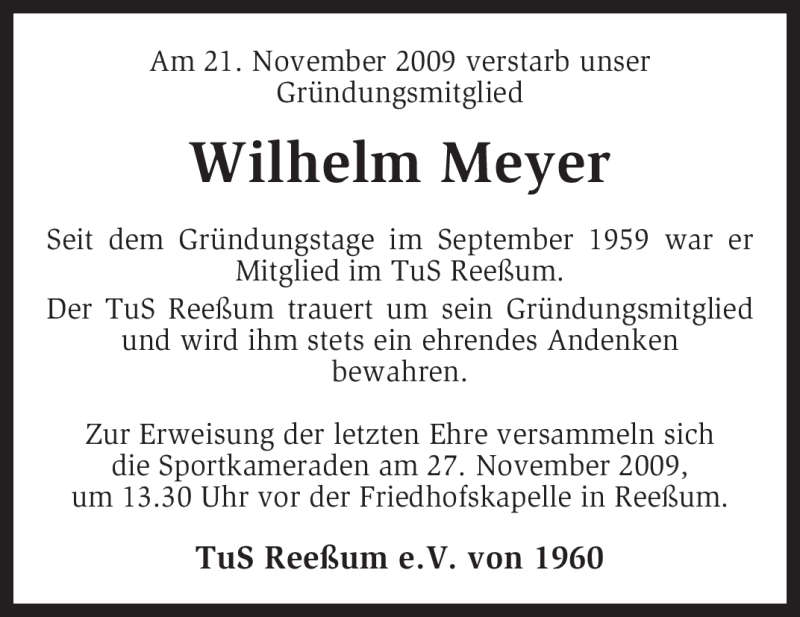  Traueranzeige für Wilhelm Meyer vom 25.11.2009 aus KREISZEITUNG SYKE