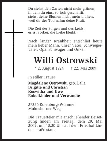 Traueranzeige von Willi Ostrowski von KREISZEITUNG SYKE