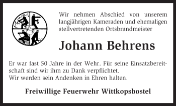 Traueranzeige von Johann Behrens von KRZ