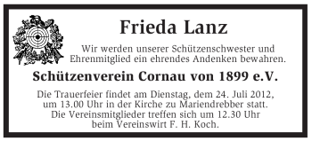 Traueranzeige von Frieda Lanz von KREISZEITUNG SYKE