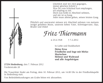 Traueranzeige von Fritz Thiermann von KREISZEITUNG SYKE