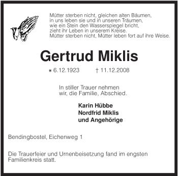 Traueranzeige von Gertrud Miklis von KREISZEITUNG SYKE