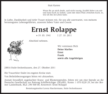 Traueranzeige von Ernst Rolappe von KREISZEITUNG SYKE