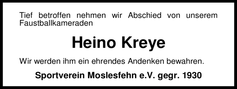  Traueranzeige für Heino Kreye vom 24.11.2009 aus KREISZEITUNG SYKE