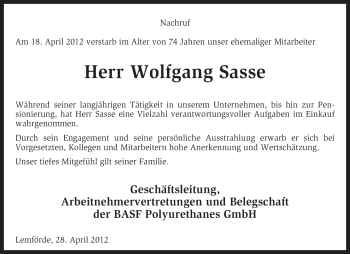 Traueranzeige von Wolfgang Sasse von KREISZEITUNG SYKE