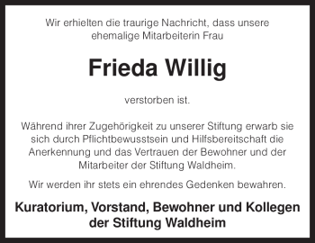 Traueranzeige von Frieda Willig von KREISZEITUNG SYKE