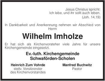 Traueranzeige von Wilhelm Imholze von KREISZEITUNG SYKE