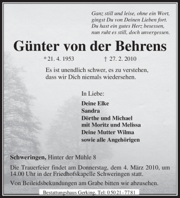 Traueranzeige von Günter von der Behrens von KREISZEITUNG SYKE