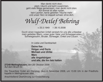 Traueranzeige von Wulf-Detlef Behring von KREISZEITUNG SYKE