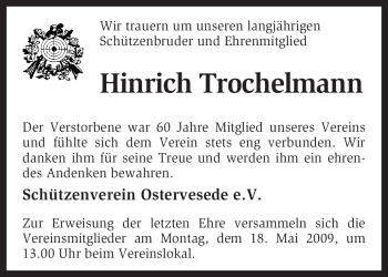 Traueranzeige von Hinrich Trochelmann von KREISZEITUNG SYKE