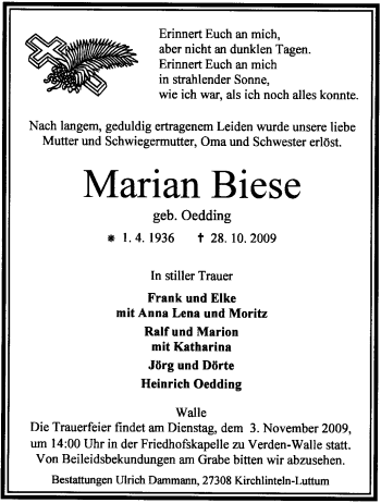 Traueranzeige von Marian Biese von KREISZEITUNG SYKE