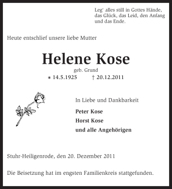 Traueranzeige von Helene Kose von KREISZEITUNG SYKE