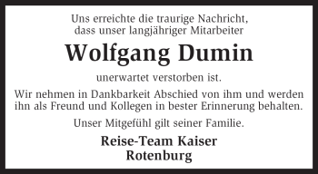 Traueranzeige von Wolfgang Dumin von KREISZEITUNG SYKE