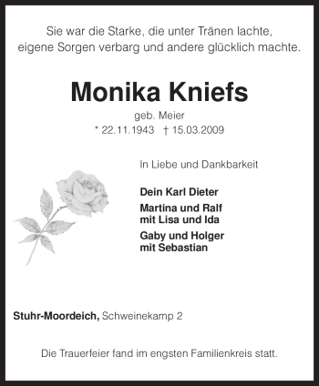 Traueranzeige von Monika Kniefs von KREISZEITUNG SYKE