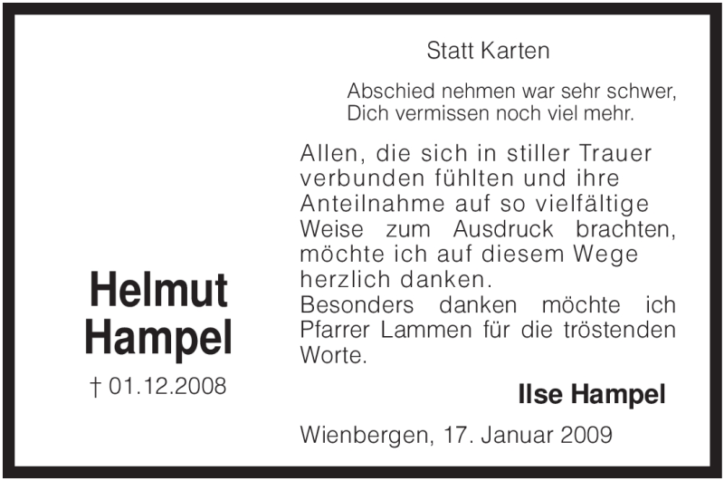  Traueranzeige für Helmut Hampel vom 17.01.2009 aus KREISZEITUNG SYKE