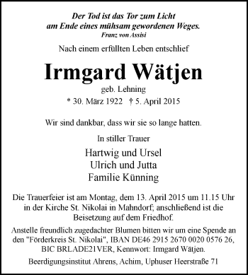 Traueranzeige von Irmgard Wätjen von KRZ