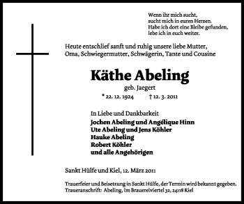 Traueranzeige von Käthe Abeling von KREISZEITUNG SYKE