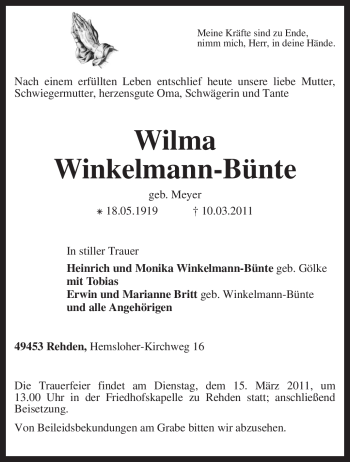 Traueranzeige von Wilma Winkelmann-Bünte von KREISZEITUNG SYKE