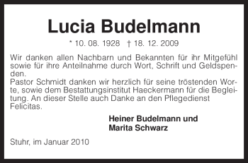 Traueranzeige von Lucia Budelmann von KREISZEITUNG SYKE