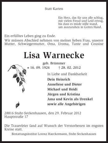 Traueranzeige von Lisa Warnecke von KREISZEITUNG SYKE