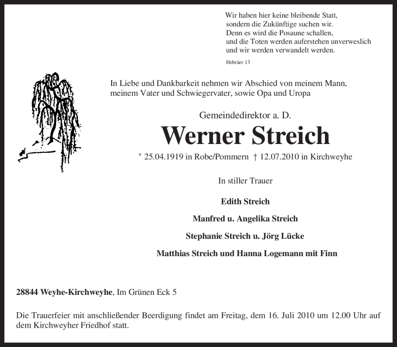  Traueranzeige für Werner Streich vom 14.07.2010 aus KREISZEITUNG SYKE