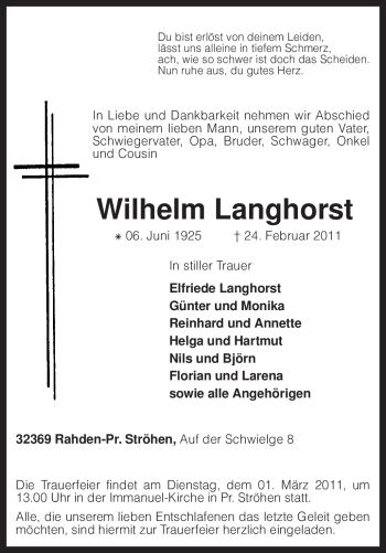 Traueranzeige von Wilhelm Langhorst von KREISZEITUNG SYKE