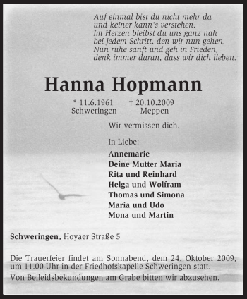 Traueranzeige von Hanna Hopmann von KREISZEITUNG SYKE