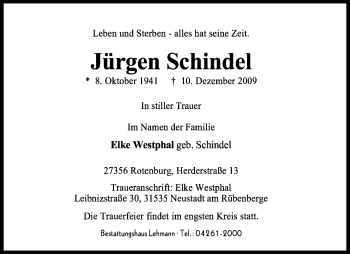 Traueranzeige von Jürgen Schindel von KREISZEITUNG SYKE