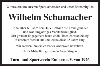 Traueranzeige von Wilhelm Schumacher von KREISZEITUNG SYKE