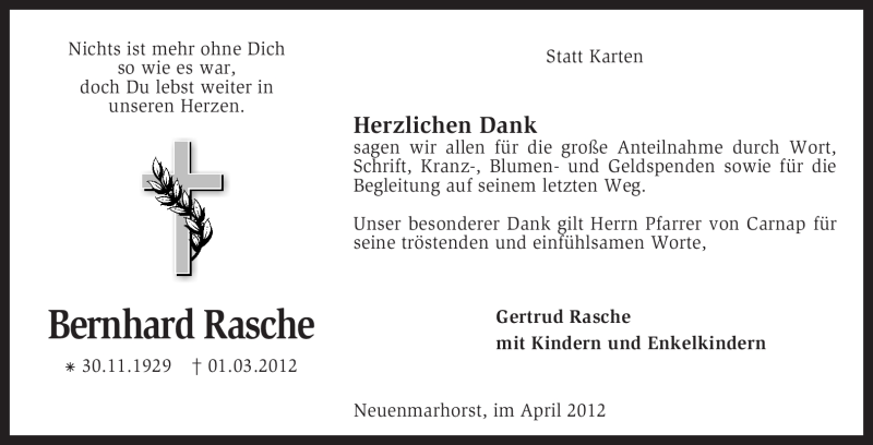  Traueranzeige für Bernhard Rasche vom 07.04.2012 aus KREISZEITUNG SYKE