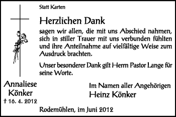 Traueranzeige von Annaliese Könker von KREISZEITUNG SYKE