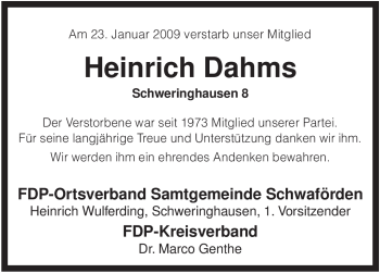 Traueranzeige von Heinrich Dahms von KREISZEITUNG SYKE