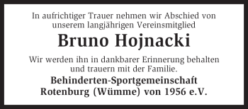 Traueranzeige von Bruno Hojnacki von KREISZEITUNG SYKE