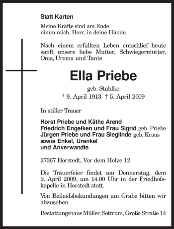 Traueranzeige von Ella Priebe von KREISZEITUNG SYKE