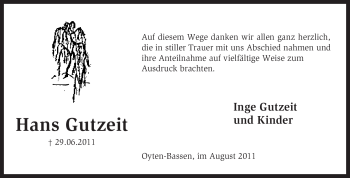 Traueranzeige von Hans Gutzeit von KREISZEITUNG SYKE