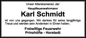 Traueranzeige von Karl Schmidt von KREISZEITUNG SYKE