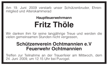 Traueranzeige von Fritz Thöle von KREISZEITUNG SYKE