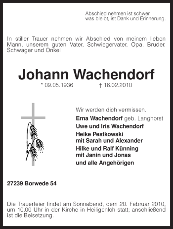 Traueranzeige von Johann Wachendorf von KREISZEITUNG SYKE