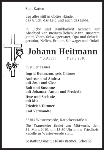 Traueranzeige von Johann Heitmann von KREISZEITUNG SYKE