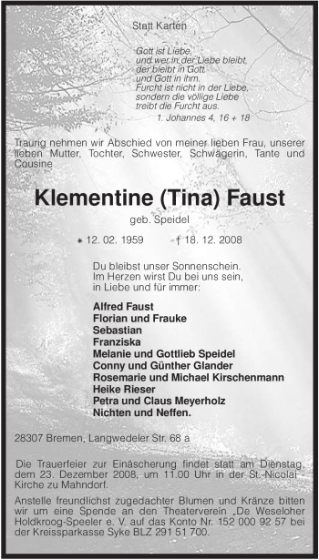 Traueranzeige von Klementine Faust von KREISZEITUNG SYKE