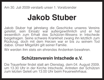 Traueranzeige von Jakob Stuber von KREISZEITUNG SYKE