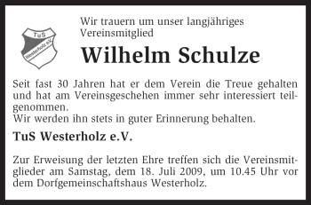 Traueranzeige von Wilhelm Schulze von KREISZEITUNG SYKE