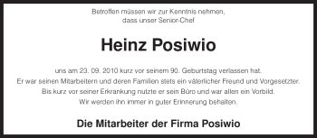 Traueranzeige von Heinz Posiwio von KREISZEITUNG SYKE