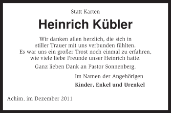 Traueranzeige von Heinrich Kübler von KREISZEITUNG SYKE